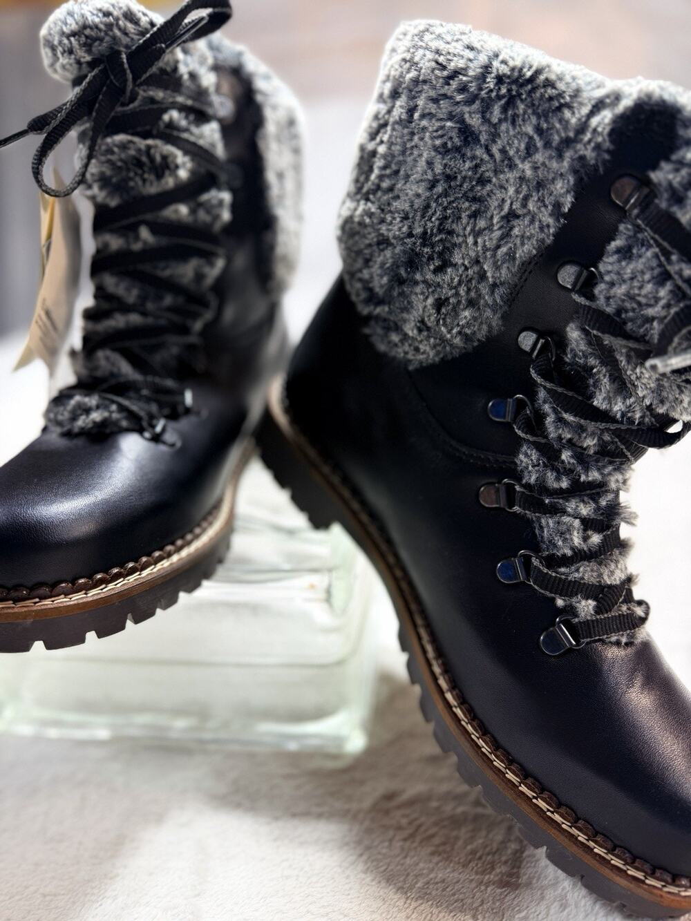 New Italia Regina Leather Wool Italian Fur Winter Boot Black Lug Apres Ski Sz 10